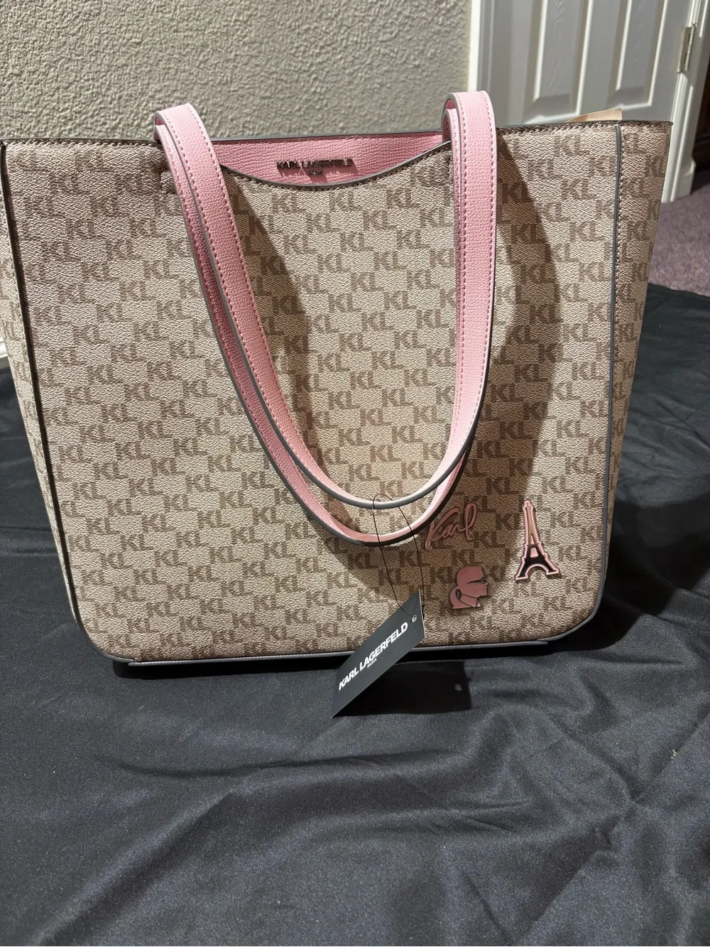 Karl Lagerfeld Beige Monogram Tote with Pink Trim